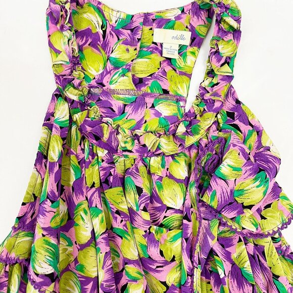 Anthropologie Odille Purple & Green Silk Halter Top Ruffle - Size 2 - Picture 3 of 8